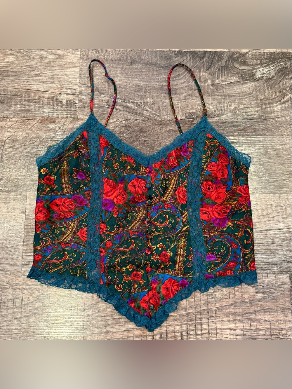 Victoria’s Secret Vintage Gold Tag Floral Slip Tank Top Lace Accents Buttons 8